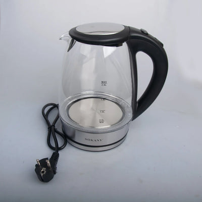 Portable Electric Glass Kettle 2 Liter with Blue LED Light and Stainless Steel Base Fast Heating Countertop Home Appliances