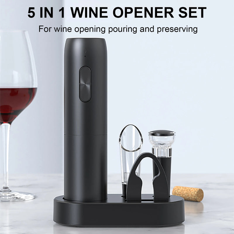 1Pc 5In1 Electric Wine Bottle Opener Stainless Steel Automatic Red Wine Bottle Opener with Charging Base Bar Kitchen Accessories