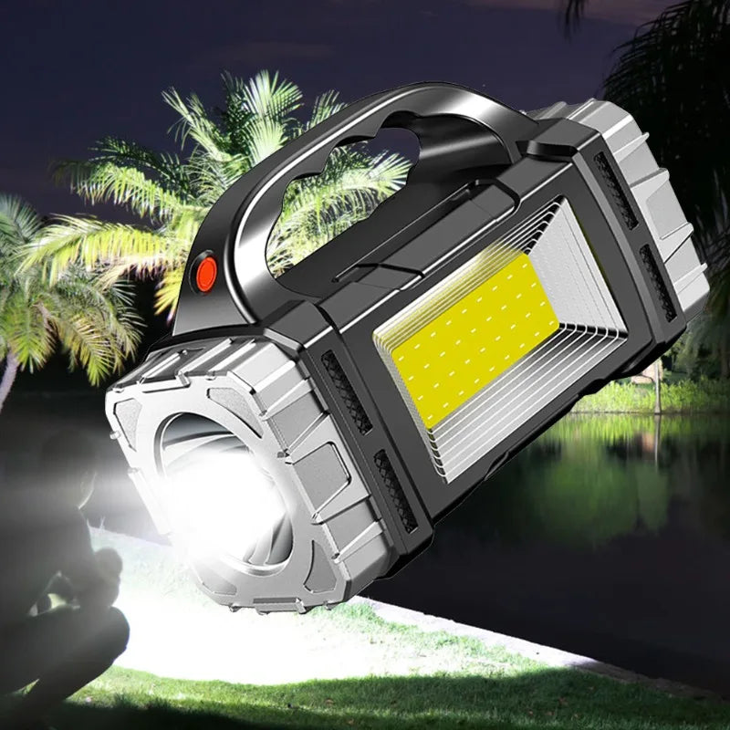 Solar Portable Light Rechargeable LED Searchlight 7 Modes Strong Bright Flashlight COB Outdoor Waterproof Camping Emergency Lamp