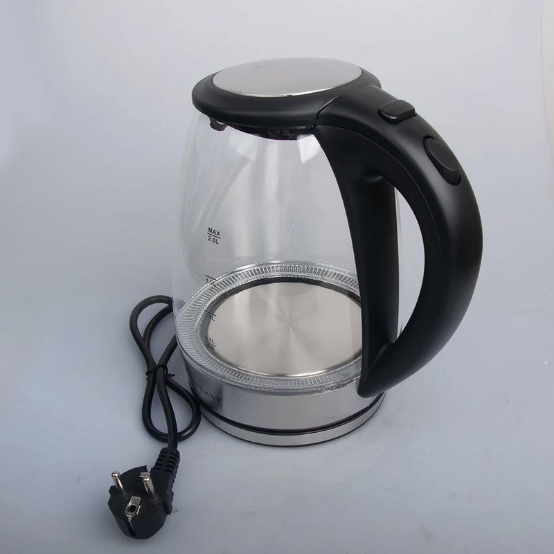 Portable Electric Glass Kettle 2 Liter with Blue LED Light and Stainless Steel Base Fast Heating Countertop Home Appliances