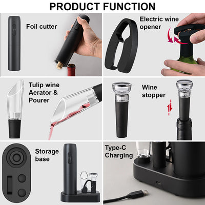 1Pc 5In1 Electric Wine Bottle Opener Stainless Steel Automatic Red Wine Bottle Opener with Charging Base Bar Kitchen Accessories