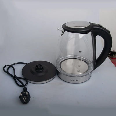 Portable Electric Glass Kettle 2 Liter with Blue LED Light and Stainless Steel Base Fast Heating Countertop Home Appliances