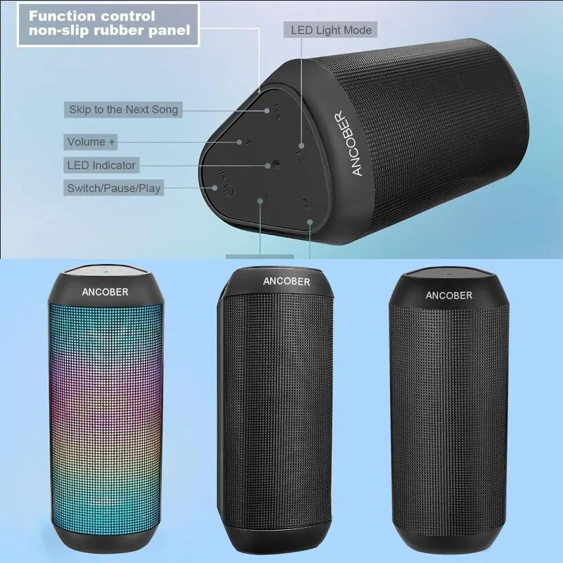 Portable speaker Bluetooth, 15W, AUX, TWS dual pairing, LED light, stereo, Bluetooth 5.3, waterproof, wireless speaker