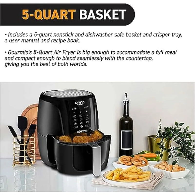 Gourmia Air Fryer Oven Digital Display 5 Quart Large AirFryer Cooker 12 1-Touch Cooking Presets,1500w Power Multifunction Black