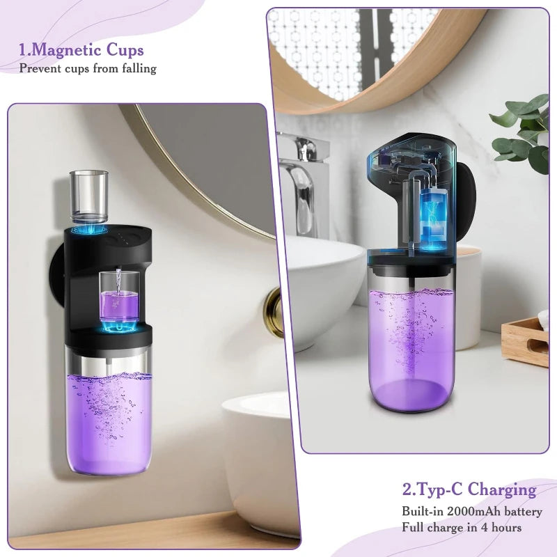 Smart Automatic Mouthwash Dispenser for Bathroom Touchless 550ml Wall Mounted Mouth Wash Dispenser with Magnetic Cups