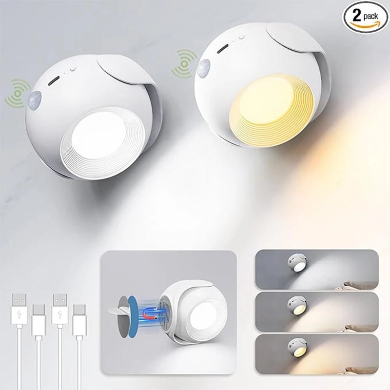 Led Motion Sensor Wall Lamp Touch 360 Rotatable USB Recharge Wireless Portable Night Light For Bedroom Reading Lamp