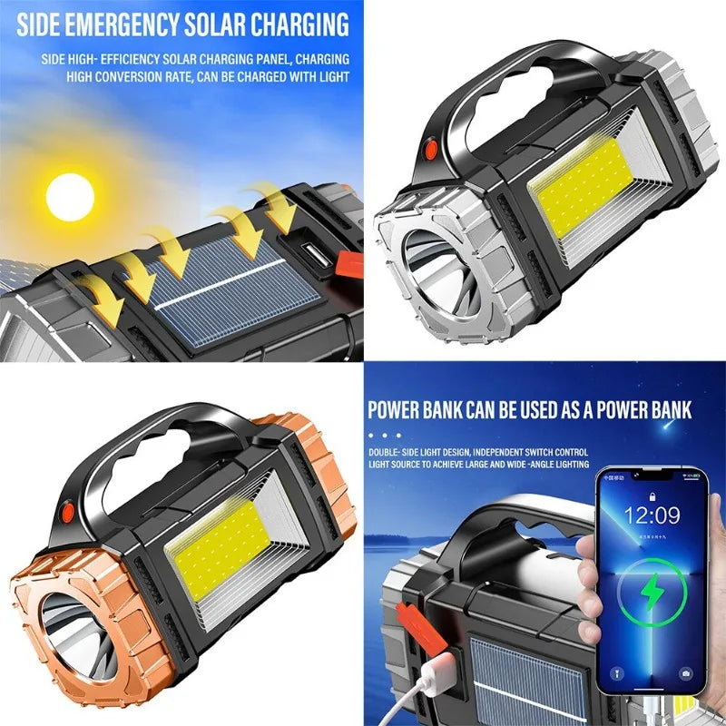 Solar Portable Light Rechargeable LED Searchlight 7 Modes Strong Bright Flashlight COB Outdoor Waterproof Camping Emergency Lamp